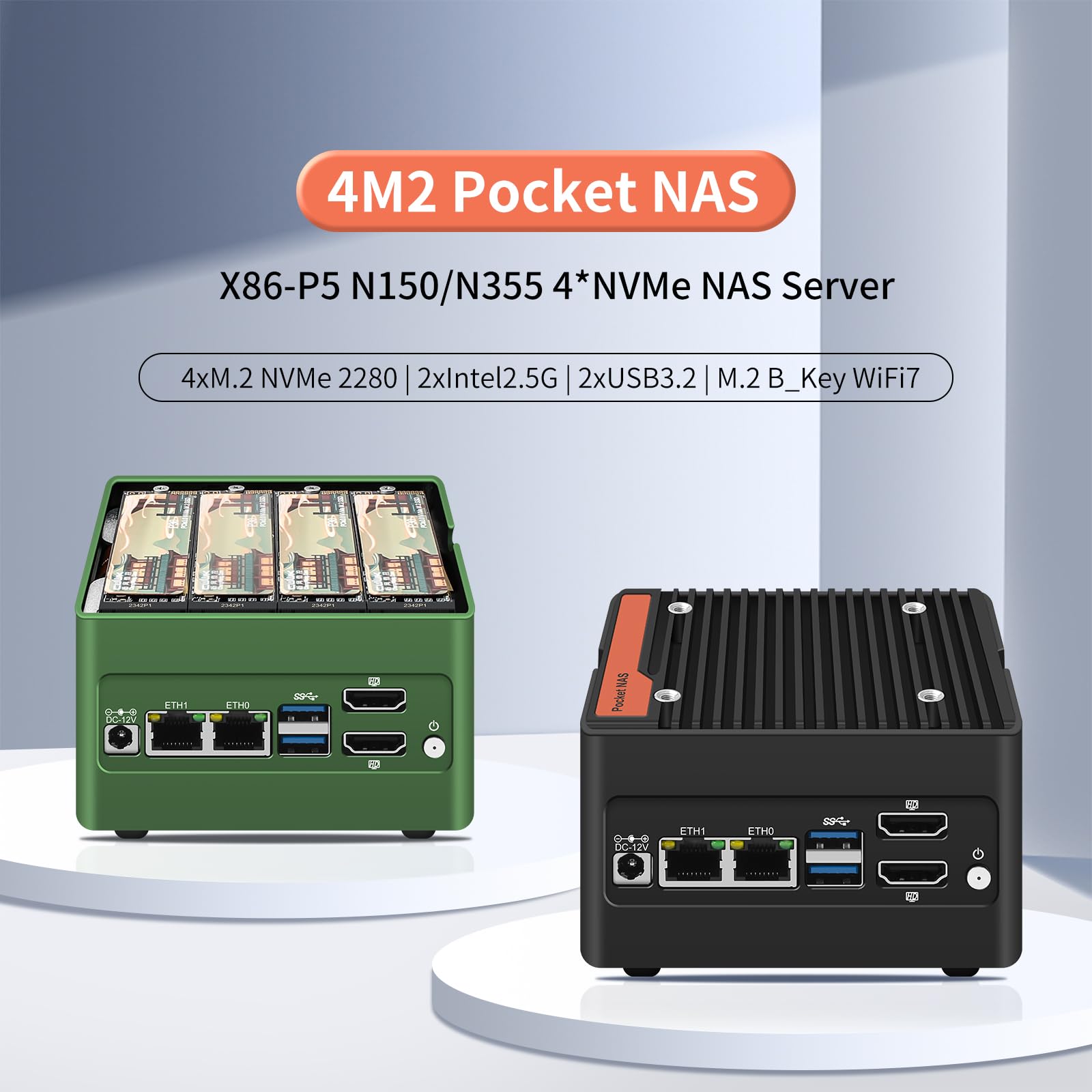 4 x NVMe Mini NAS Server, 4 Bay NAS N355 Pocket PC with Dual i226